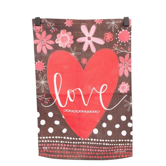 Unbranded Other - Love Garden Flag Valentines Day 13"x18" Heart Flowers Pink Brown Katie Doucette